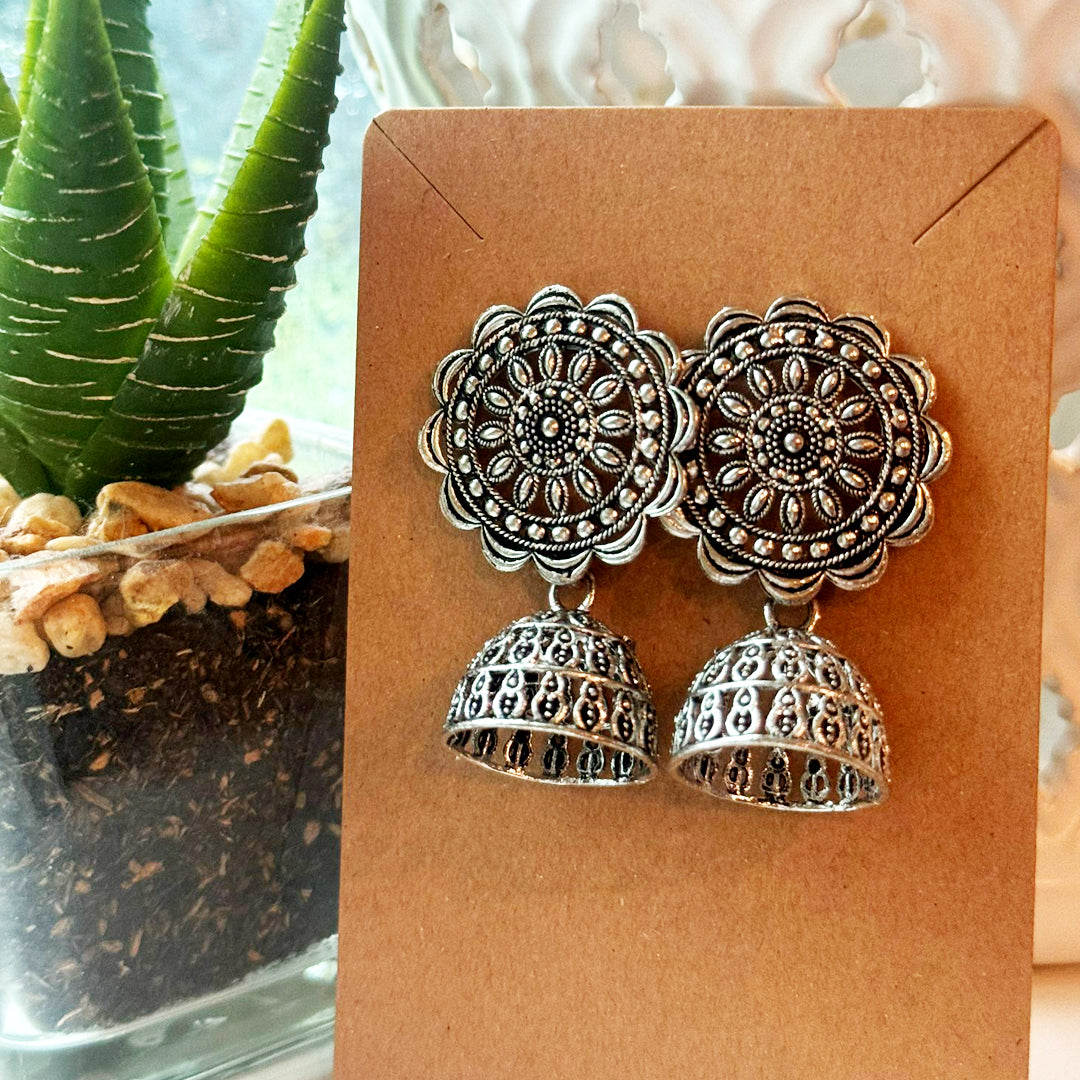 Oxidized Silver Floral Jhumki Earrings